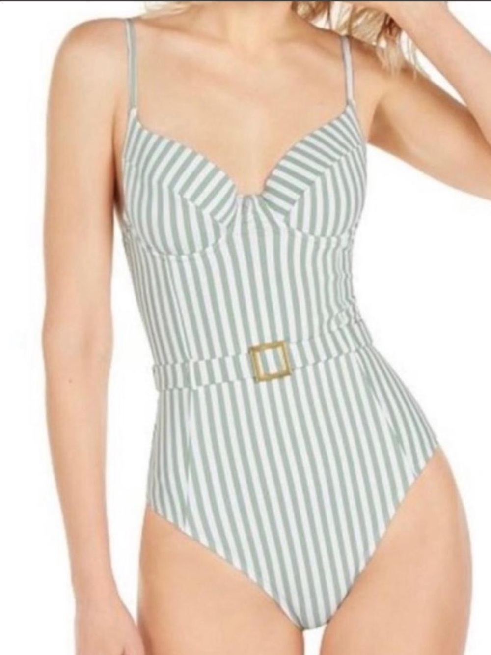 WeWoreWhat Green and White Striped One-Piece with Belt
